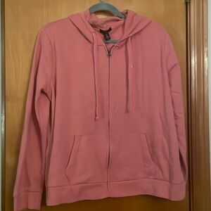 GAP lightweight pink zippered hoodie with front pocket and black outlined logo